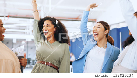 Hands up, team building or happy business people with goal, mission or celebration for success. Partnership, air or excited women in meeting huddle for winning, motivation or solidarity together Hands up, team building or happy business people with goal, mission or celebration for success. Partnership, air or excited women in meeting huddle for winning, motivation or solidarity together 132829234