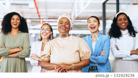 Business portrait, women arms crossed and group laugh with creative team trust, solidarity and empowerment. Workplace comedy, funny leadership group or diversity staff pride, cooperation and teamwork Business portrait, women arms crossed and group laugh with creative team trust, solidarity and empowerment. Workplace comedy, funny leadership group or diversity staff pride, cooperation and teamwork 132829236