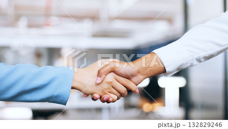 Closeup, partnership or b2b handshake of business people for professional agreement together. Corporate, success or women employees shaking hands in workplace office for a deal, thank you or welcome 132829246