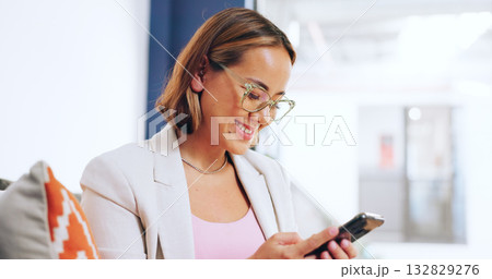 Business, happy and woman with a cellphone, typing and connection with employee, email notification and website info. Person, worker and consultant with a smartphone, digital app and social media 132829276