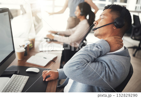 Customer support consulting, neck pain problem or man stress on telemarketing for contact us CRM. Call center fatigue, ecommerce burnout or tired information technology consultant with medical crisis 132829290