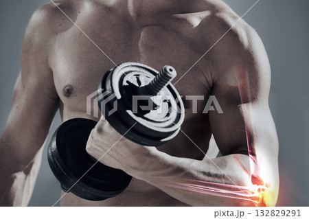 Exercise, bodybuilder man and dumbbell for muscle red overlay in studio or gym for strong body power. Athlete person with weights for training, workout or performance for healthy lifestyle and goals 132829291