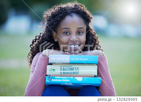 Books, portrait and black woman at park or university campus for distance learning, studying and reading knowledge. Face of person or student textbook for business college, scholarship and education Books, portrait and black woman at park or university campus for distance learning, studying and reading knowledge. Face of person or student textbook for business college, scholarship and education 132829305