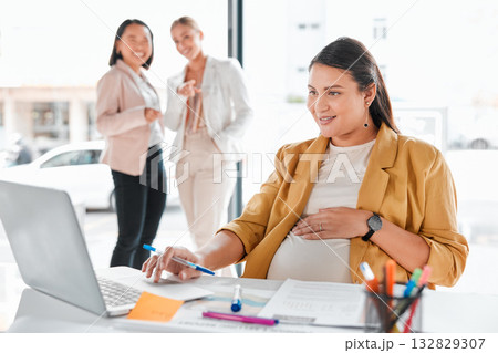 Gossip, pregnancy shame or business people pointing at pregnant woman in office working on laptop. Colleagues in workplace bullying, employee victim exclusion or worker harassment and discrimination Gossip, pregnancy shame or business people pointing at pregnant woman in office working on laptop. Colleagues in workplace bullying, employee victim exclusion or worker harassment and discrimination 132829307