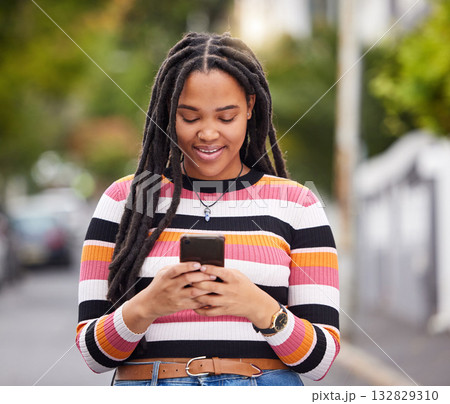 Black woman with phone in city, happy outdoor with technology, chat and communication, travel and fashion. Social media, urban street and adventure with female, connectivity and 5g in Jamaica Black woman with phone in city, happy outdoor with technology, chat and communication, travel and fashion. Social media, urban street and adventure with female, connectivity and 5g in Jamaica 132829310