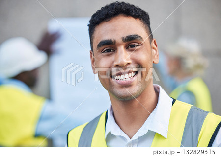 Construction, architecture and face with man in portrait, smile and project plan at job site, contractor and happy leader. Mockup space, helmet for safety and architect in building industry 132829315