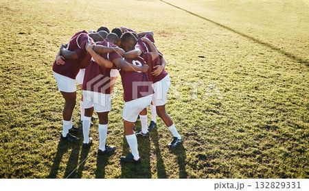 Man, huddle and team on grass field for sports motivation, coordination or collaboration in the outdoors. Group of sport men in fitness training, planning or strategy in solidarity for game on mockup 132829331