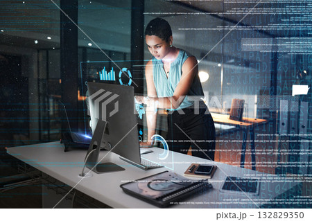 Office computer, hologram or night person reading future administration dashboard, research chart or ui software. Digital transformation, cloud computing overlay and black woman work on data analysis Office computer, hologram or night person reading future administration dashboard, research chart or ui software. Digital transformation, cloud computing overlay and black woman work on data analysis 132829350