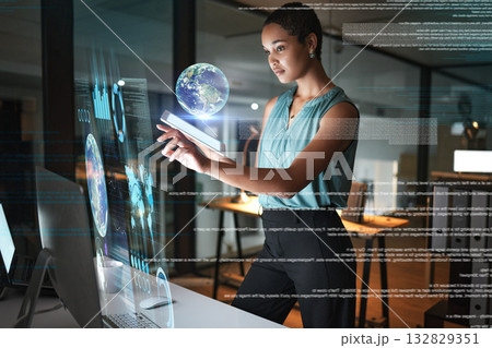 Tablet, Earth hologram and computer woman review data analysis of global network, world communication or 3d globe. Futuristic night overlay, planet ui hud or African worker working on chart dashboard 132829351