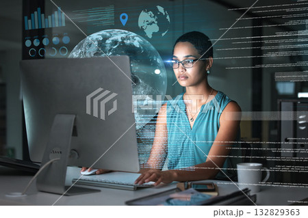Computer hologram, global network and woman reading data analysis of earth communication, world networking or chart. Futuristic night overlay, planet ui hud or African media employee working overtime 132829363