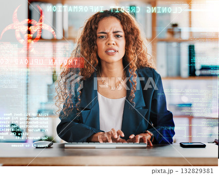 Angry businesswoman, computer and virus in cybersecurity, malicious software or application at office desk. Upset female employee by hacked desktop PC, scam or internet fraud and data error glitch 132829381