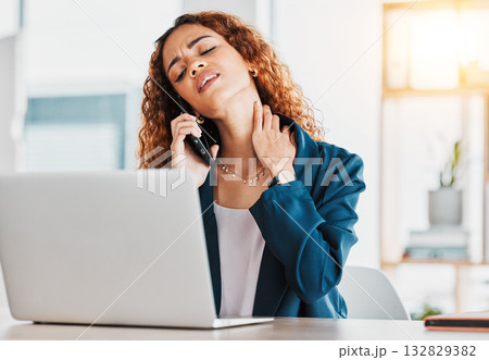 Business, phone call and black woman with neck pain, laptop and burnout in workplace, muscle strain or overworked. Injury, African American female employee or ceo with smartphone or tension in office Business, phone call and black woman with neck pain, laptop and burnout in workplace, muscle strain or overworked. Injury, African American female employee or ceo with smartphone or tension in office 132829382