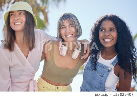Portrait, friends and hug while at a beach walking, talking and bonding on summer holiday. Diversity, face and women embrace on walk outdoors for travel, vacation and trip in Miami together Portrait, friends and hug while at a beach walking, talking and bonding on summer holiday. Diversity, face and women embrace on walk outdoors for travel, vacation and trip in Miami together 132829407
