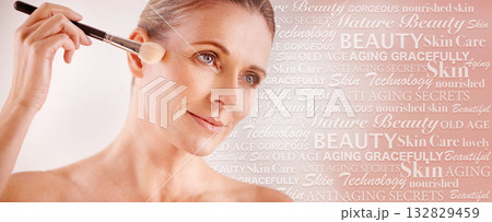 Senior woman, text overlay and beauty with makeup brush, wellness and anti aging self care with mockup. Elderly model, skincare collage and healthy with cosmetics, dermatology and studio background 132829459