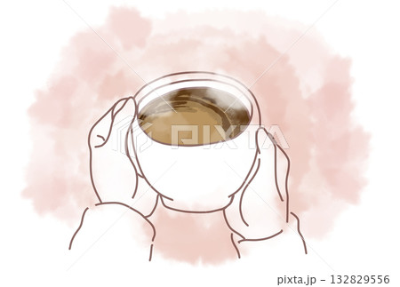 マグカップに入ったホットコーヒーと暖かい雰囲気のイメージイラスト 132829556
