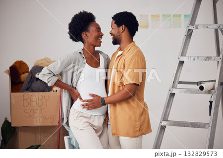 Love, pregnancy or happy black couple in home renovation, diy or house remodel together by apartment ladder. Hugging, romantic smile or African man and pregnant woman excited about baby or new family 132829573