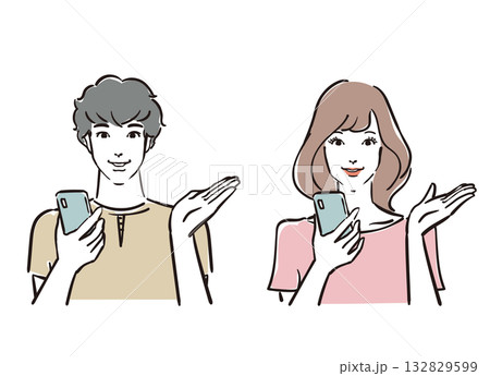 スマホの操作を案内する爽やかな30代男女 スマホの操作を案内する爽やかな30代男女 132829599