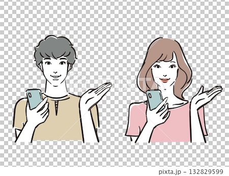 スマホの操作を案内する爽やかな30代男女 スマホの操作を案内する爽やかな30代男女 132829599