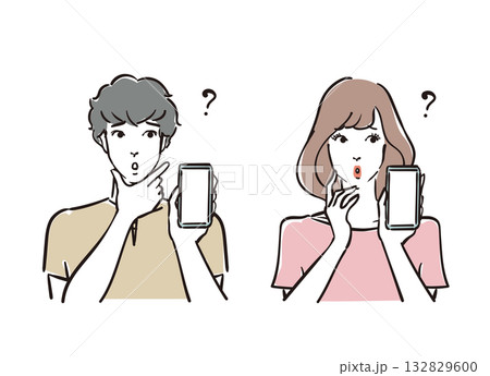 スマホを持って考える爽やかな30代男女 132829600