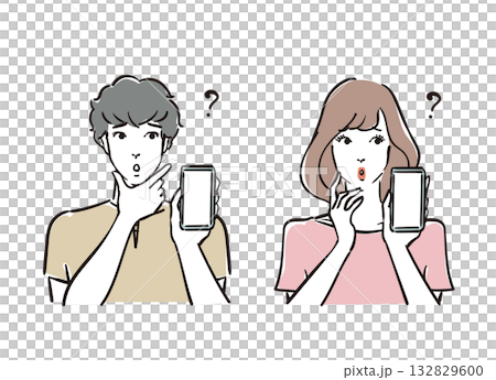 スマホを持って考える爽やかな30代男女 132829600