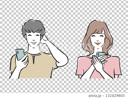 Smiling, refreshing men and women in their 30s holding smartphones 132829603