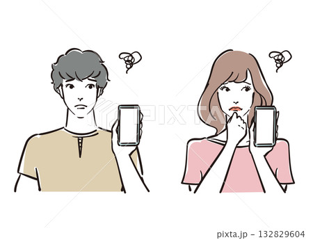 スマホで困っている爽やかな30代男女 132829604