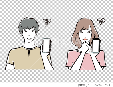 スマホで困っている爽やかな30代男女 132829604