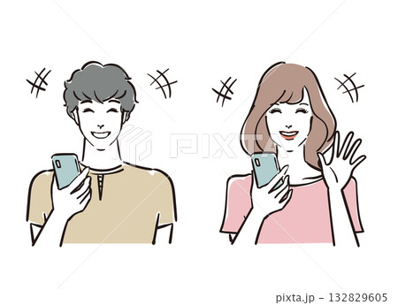 スマホを持った笑顔の爽やかな30代男女 スマホを持った笑顔の爽やかな30代男女 132829605