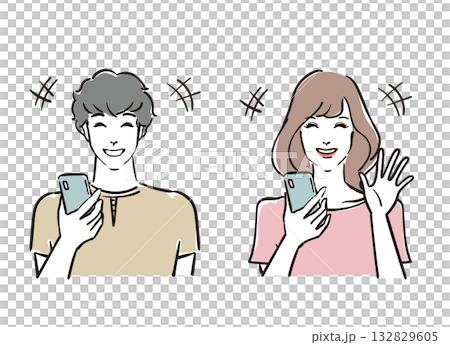 スマホを持った笑顔の爽やかな30代男女 スマホを持った笑顔の爽やかな30代男女 132829605