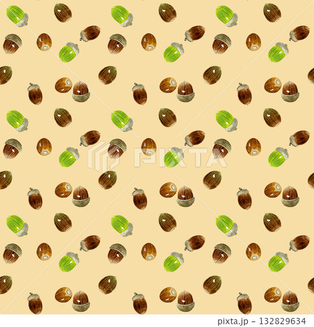 どんぐりのシームレスパターン　秋の植物の手描き水彩イラスト背景素材 132829634