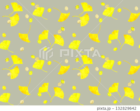 黄葉したイチョウの葉っぱとギンナンのシームレスパターン　秋の植物の手描き水彩イラスト背景素材 132829642