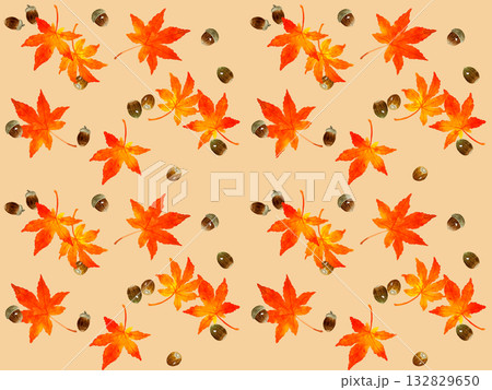 紅葉したもみじの葉っぱとどんぐりのシームレスパターン　秋の植物の手描き水彩イラスト背景素材 132829650