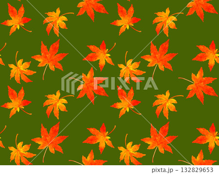 紅葉したもみじの葉っぱのシームレスパターン　秋の植物の手描き水彩イラスト背景素材 132829653