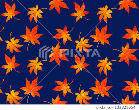 紅葉したもみじの葉っぱのシームレスパターン　秋の植物の手描き水彩イラスト背景素材 132829654