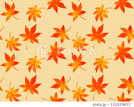 紅葉したもみじの葉っぱのシームレスパターン　秋の植物の手描き水彩イラスト背景素材 132829655