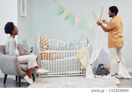 Pregnant, baby room and black couple happy to prepare family home with tablet for interior design. Man and woman together talking about excited pregnancy future, love and life insurance in bedroom Pregnant, baby room and black couple happy to prepare family home with tablet for interior design. Man and woman together talking about excited pregnancy future, love and life insurance in bedroom 132829684