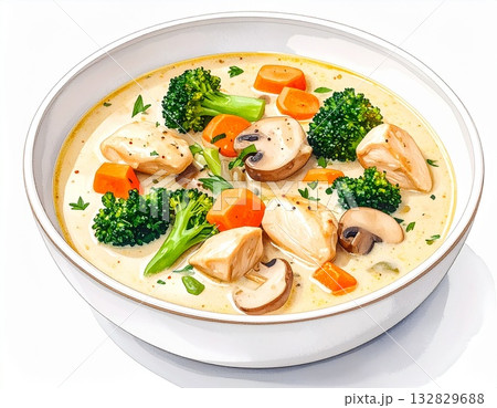 白い器に盛られたクリームシチューの水彩風イラスト 白い器に盛られたクリームシチューの水彩風イラスト 132829688