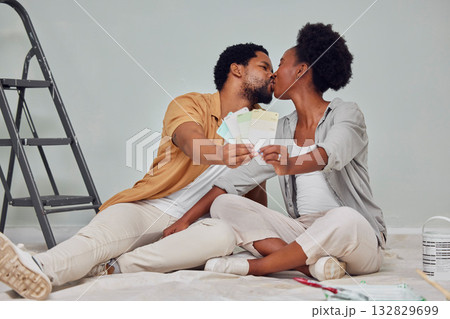 Painting color, love or black couple kiss in home renovation, diy or house remodel together by apartment ladder. Design, choices or African man kissing pregnant woman excited about baby or new family Painting color, love or black couple kiss in home renovation, diy or house remodel together by apartment ladder. Design, choices or African man kissing pregnant woman excited about baby or new family 132829699