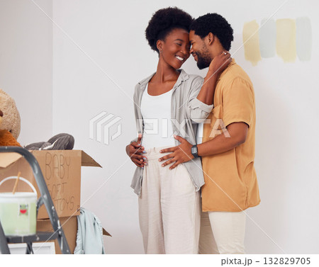 Forehead, pregnancy or black couple embrace in home renovation, diy or house remodel together by apartment. Lovers, partnership or African man hugging pregnant woman excited about baby or new family Forehead, pregnancy or black couple embrace in home renovation, diy or house remodel together by apartment. Lovers, partnership or African man hugging pregnant woman excited about baby or new family 132829705