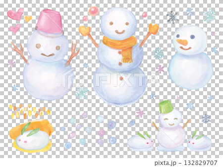 水彩手繪雪人和雪兔插圖套裝 132829707