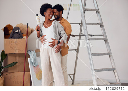 Love, pregnancy or black couple hugging in home renovation, diy or house remodel together by apartment ladder. Forehead, partnership or African man with pregnant woman excited about baby or family 132829712