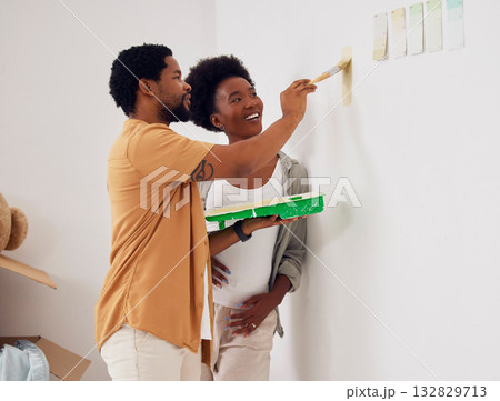Painting, wall or home with a black couple in DIY, renovation or house remodel together with a paintbrush. Teamwork, partners or African man with happy pregnant woman excited about baby or new family Painting, wall or home with a black couple in DIY, renovation or house remodel together with a paintbrush. Teamwork, partners or African man with happy pregnant woman excited about baby or new family 132829713