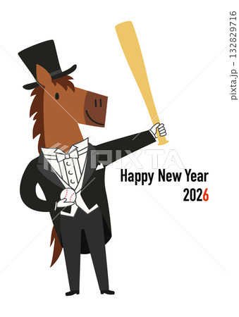バットを構えて野球ボールを手に持った燕尾服のかわいい馬、2026年午年年賀状用ベクターイラスト バットを構えて野球ボールを手に持った燕尾服のかわいい馬、2026年午年年賀状用ベクターイラスト 132829716