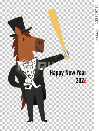 バットを構えて野球ボールを手に持った燕尾服のかわいい馬、2026年午年年賀状用ベクターイラスト バットを構えて野球ボールを手に持った燕尾服のかわいい馬、2026年午年年賀状用ベクターイラスト 132829716
