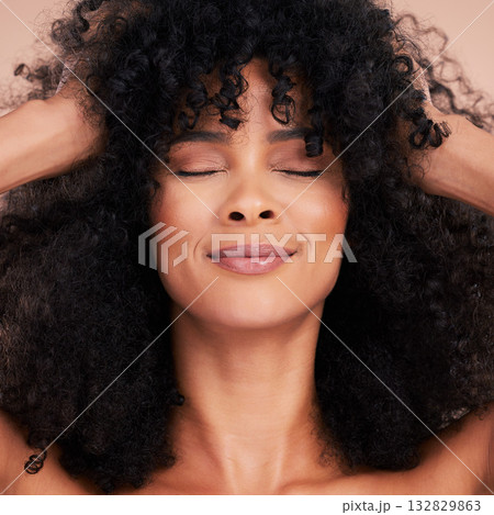 Beauty, hair care and face of black woman in studio for makeup, cosmetics and skincare glow. Aesthetic model with natural curly afro for shampoo growth and shine or volume on a gradient background 132829863