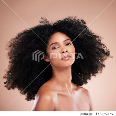 Black woman, portrait or afro hair on studio background for aesthetic empowerment, curly texture pride or skincare glow. Beauty model, face or natural hairstyle and makeup cosmetics on isolated wall Black woman, portrait or afro hair on studio background for aesthetic empowerment, curly texture pride or skincare glow. Beauty model, face or natural hairstyle and makeup cosmetics on isolated wall 132829875