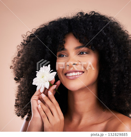 Hair care, face and thinking black woman with flower in studio isolated on a brown background. Floral cosmetics, natural beauty and happy female model holding flowers for salon treatment or wellness. 132829885