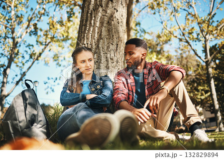 Hiking, couple and argument in a forest about location, direction or cheating confession on nature background. Divorce, conflict and man with woman in crisis while camping in the woods together 132829894