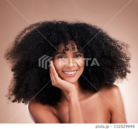 Afro, hair and portrait of black woman with smile on brown background for wellness, shine and natural glow. Salon, luxury treatment and happy girl face with curly hairstyle, healthy skin and growth Afro, hair and portrait of black woman with smile on brown background for wellness, shine and natural glow. Salon, luxury treatment and happy girl face with curly hairstyle, healthy skin and growth 132829949