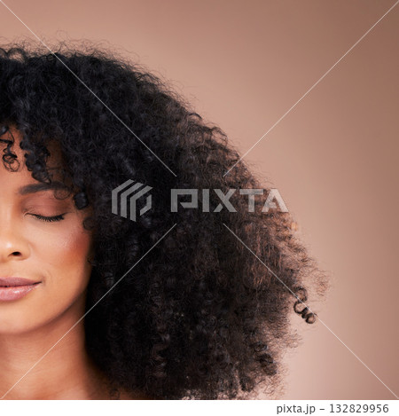 Half face, black woman or afro hair on studio background for product placement, curly mockup or skincare treatment management. Beauty model, natural or hairstyle with makeup on isolated wall mock up 132829956
